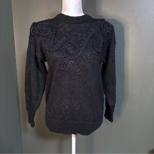 Vintage Dana Scott Black Beaded Knit Sweater 80s Goth Floral Embellished Small